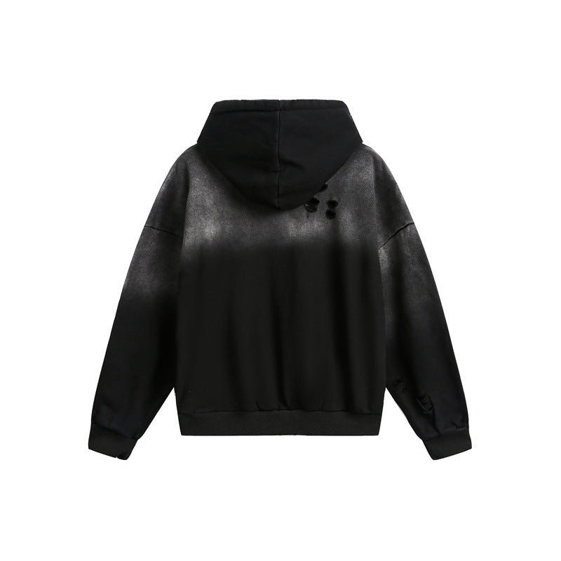 Unisex Oversize Hoodie with Half Zipper, Distressed Details and Kangaroo Pocket EVA-US
