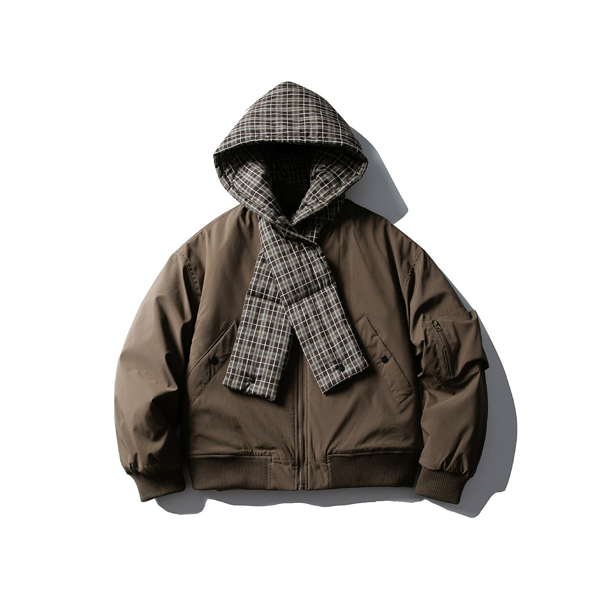 Men's Windproof Bomber Jacket with Quilted Checkered Hood and Integrated Scarf EVA-US