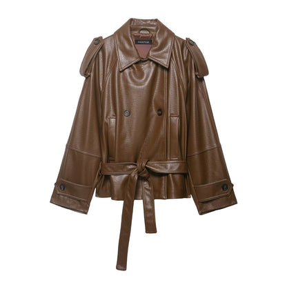 Women's Short Trench Cape made of Faux Leather with Ties and Shoulder Patches EVA-US