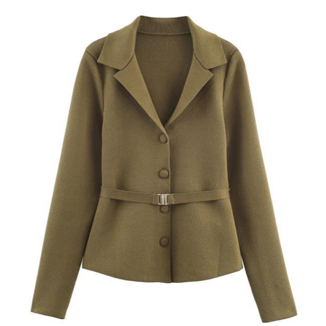 Women's Tailored Knit Blazer with Lapel Collar, Concealed Button Placket and Delicate Waist Belt EVA-US