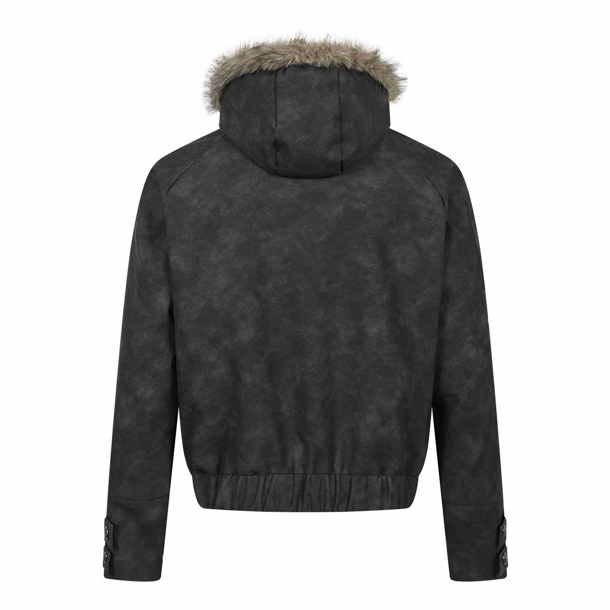 Men's Short-Cut Suede-Look Bomber with Hood, Faux Fur Trim and Statement Print