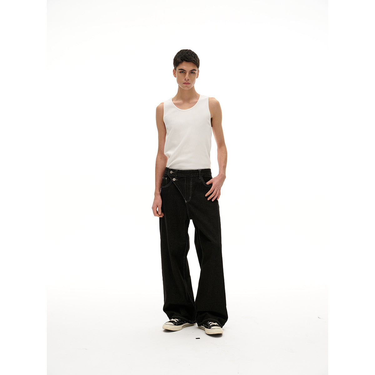 Women's High-Waist wide Denim pants with asymmetric button placket and contrast stitching EVA-US