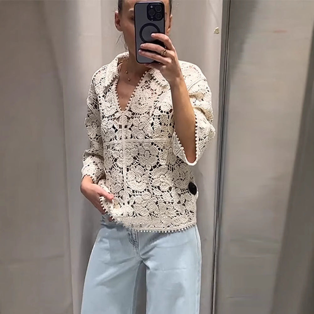 Women Crocheted Blouse with Floral Openwork Pattern and Three-Quarter Sleeves EVA-US