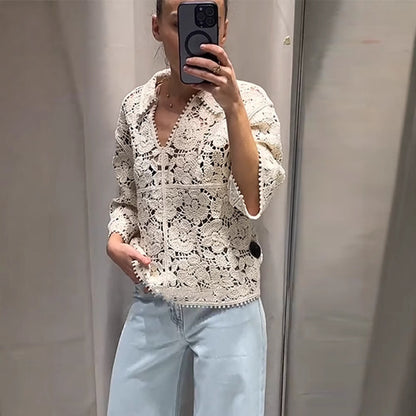 Women Crocheted Blouse with Floral Openwork Pattern and Three-Quarter Sleeves EVA-US