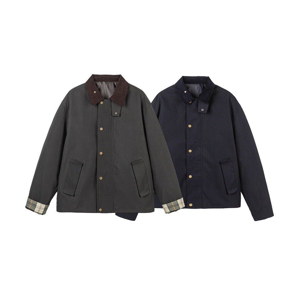 Men's Short-Cut Canvas Field Jacket with Cord Collar and Concealed Snap Placket EVA-US