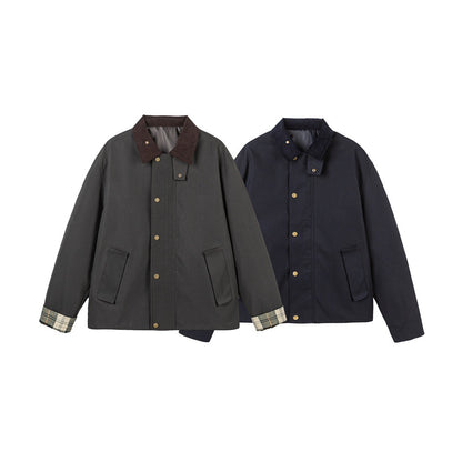 Men's Short-Cut Canvas Field Jacket with Cord Collar and Concealed Snap Placket EVA-US