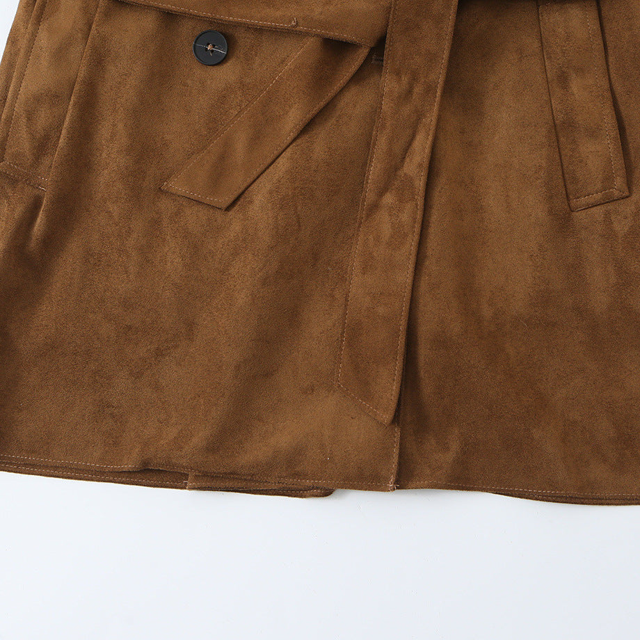 Women's Tailored Short Trench in Suede Look with Double-Breasted Button Placket and Epaulettes EVA-US