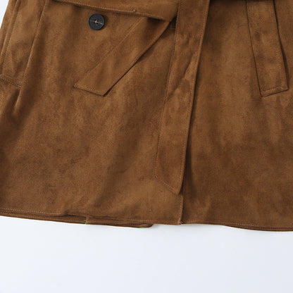 Women's Tailored Short Trench in Suede Look with Double-Breasted Button Placket and Epaulettes EVA-US