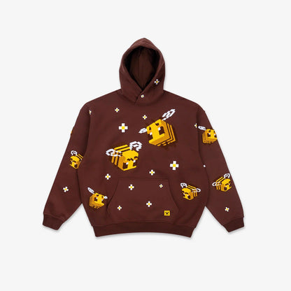 Unisex knitted hoodie with integrated pixel bee design and applied kangaroo pocket EVA-US