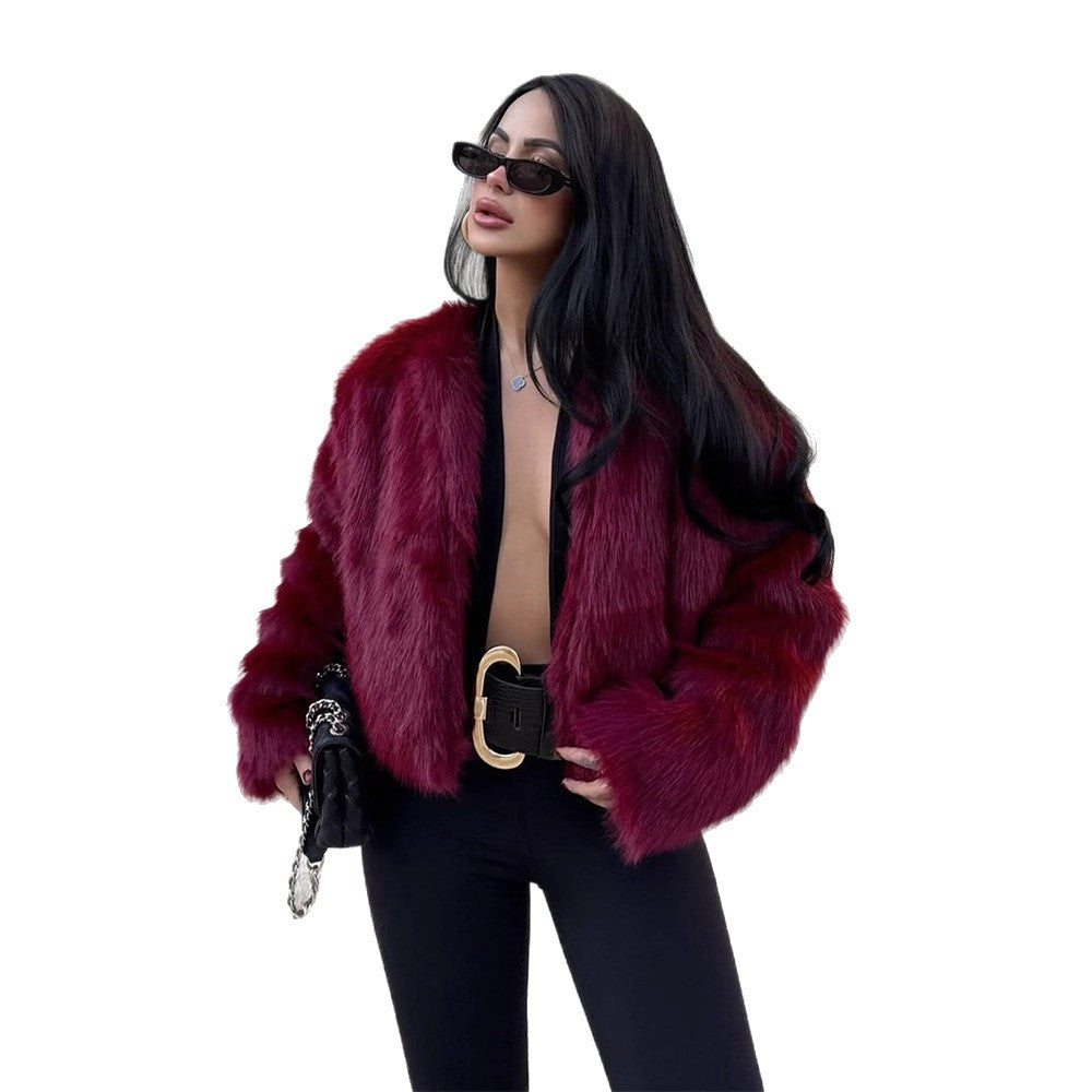 Women's short-cut boxy faux fur bomber with voluminous shawl collar EVA-US
