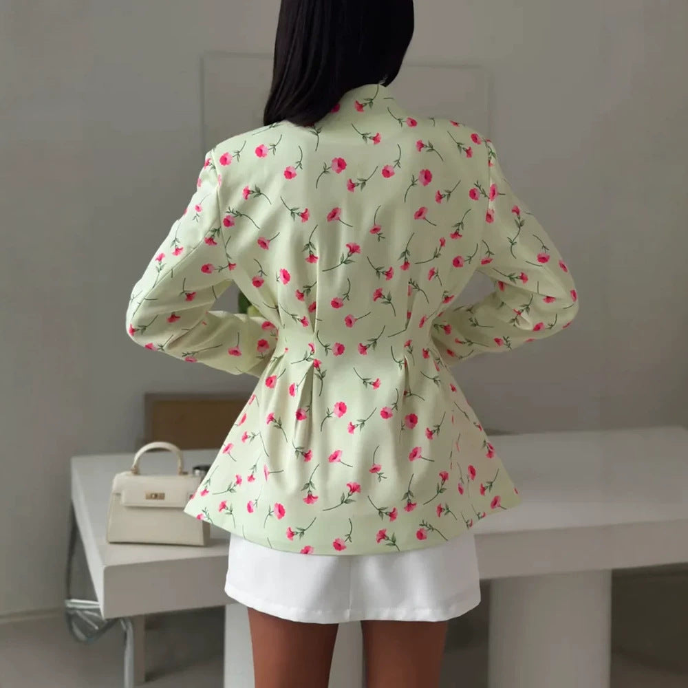 Women's fitted blazer with peplum, decorative buttons and floral pattern EVA-US