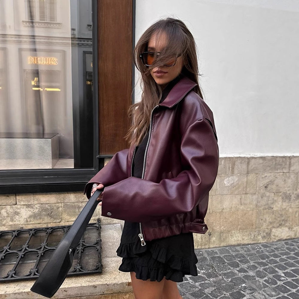 Women Short Oversized Faux Leather Flight Jacket with Distinctive Lapel and Snap Button Cuffs EVA-US