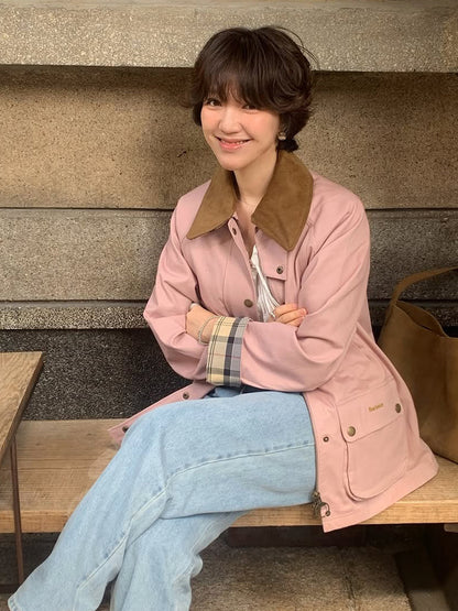 Women's transitional jacket with corduroy collar, checkered inner cuffs, and patch pockets EVA-US