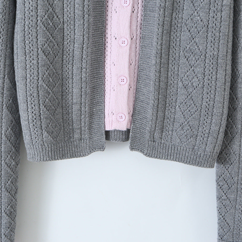 Women Fine Knit Two-Piece Cardigan with Bow Collar and Decorative Waistcoat EVA-US