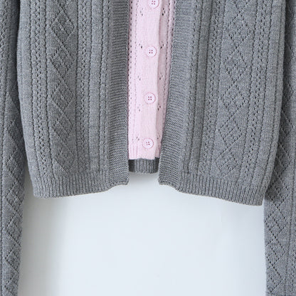 Women Fine Knit Two-Piece Cardigan with Bow Collar and Decorative Waistcoat EVA-US