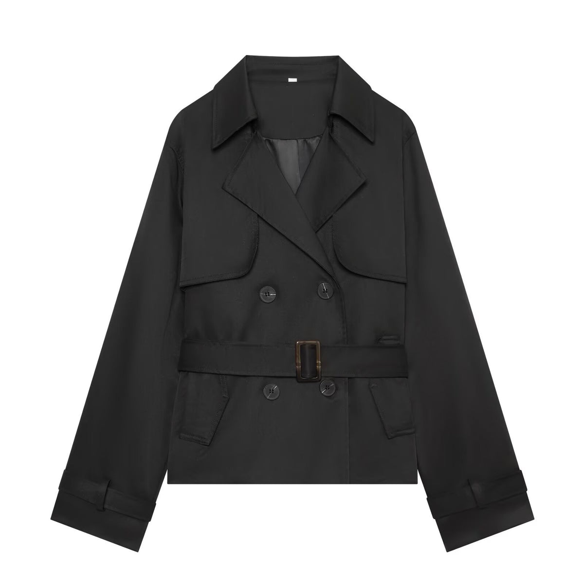 Women's Short Cropped Trench Coat with Double-Breasted Button Placket, Waist Belt, and Epaulettes EVA-US