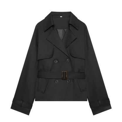 Women's Short Cropped Trench Coat with Double-Breasted Button Placket, Waist Belt, and Epaulettes EVA-US