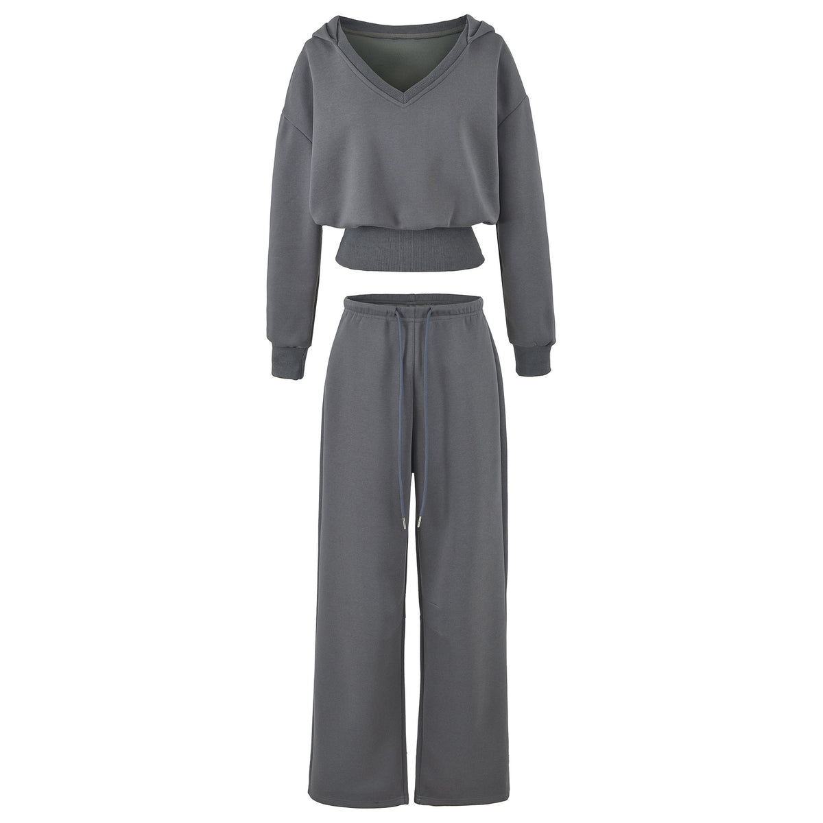 Women's Comfort Lounge Set with Short V Hooded Sweatshirt and High-Cut Wide-Leg Joggers EVA-US
