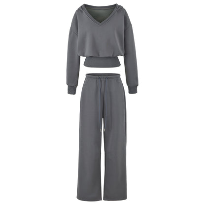 Women's Comfort Lounge Set with Short V Hooded Sweatshirt and High-Cut Wide-Leg Joggers EVA-US