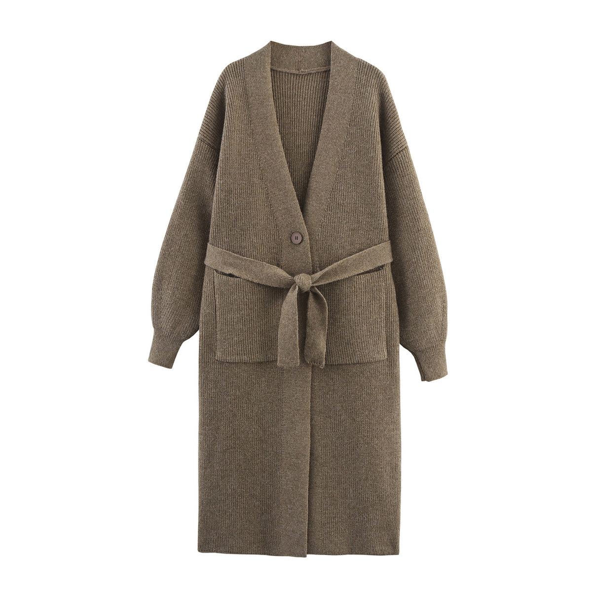 Women's Long Cardigan with Tie Belt, Patch Pockets and Deep V-Neck EVA-US