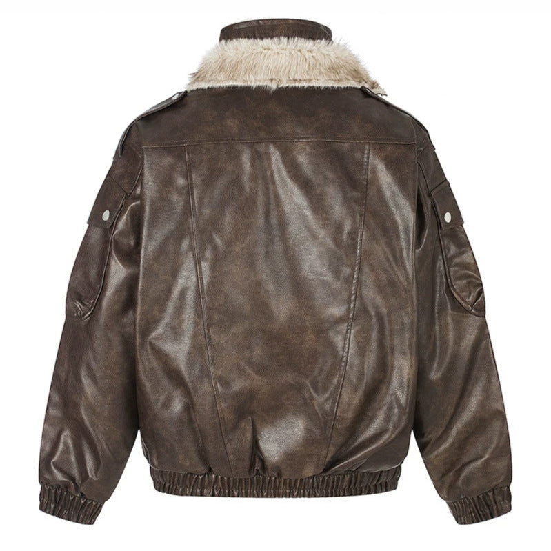 Ladies Oversized Faux Leather Flight Jacket with Teddy Lining and Stand-up Collar EVA-US
