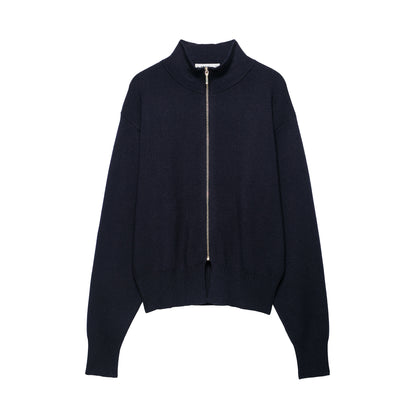 Women's cropped fine-knit cardigan with standing collar, full-length zipper, and fitted ribbed section.