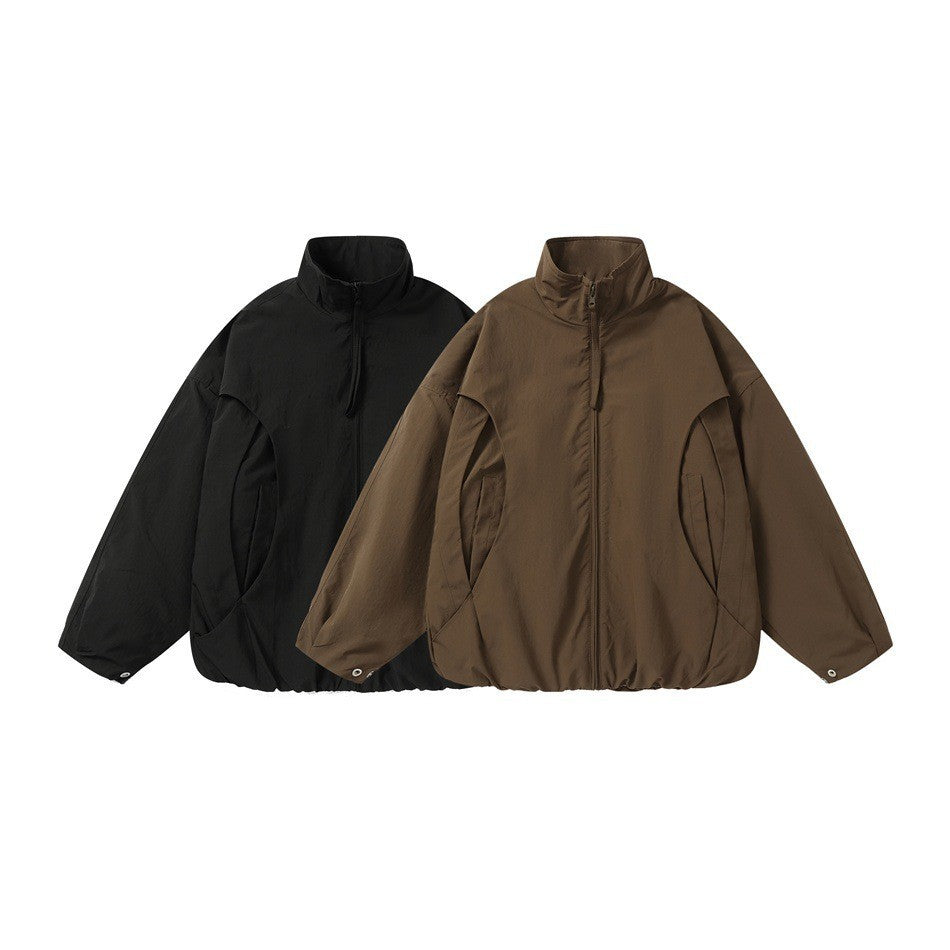 Unisex Short-cut Oversize Boxy Blouson with High Stand-up Collar, Curved Pocket Design and Elastic Hem EVA-US
