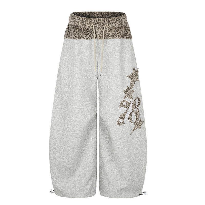 Women Extra Wide Palazzo Lounge Pants with High Comfort Waistband, Leopard Print Band and Decorative Star Number Appliqué EVA-US