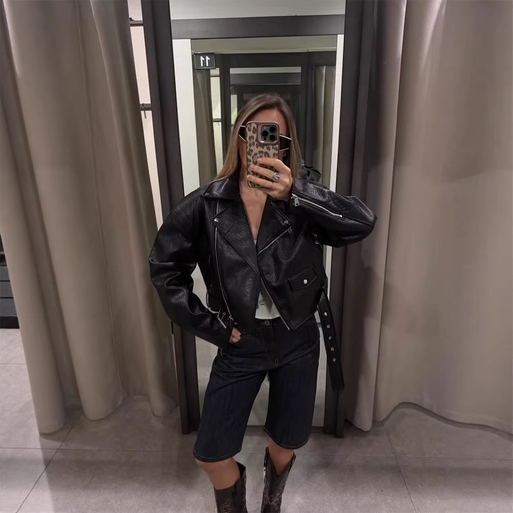 Women Short Structured Biker Jacket Made of Faux Leather EVA-US