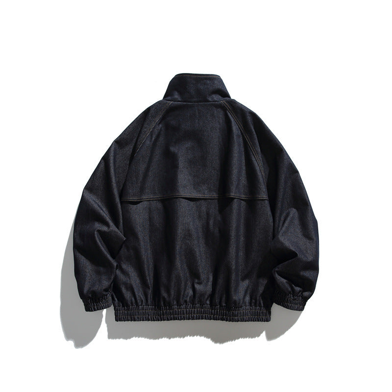 Unisex Boxy Denim Jacket with Stand-up Collar, Snap Button Front and Elastic Hem EVA-US