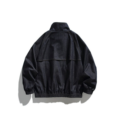 Unisex Boxy Denim Jacket with Stand-up Collar, Snap Button Front and Elastic Hem EVA-US