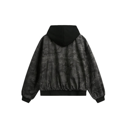 Men's short-cut oversized bomber in layer look with integrated hood and camouflage jacquard fabric