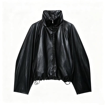 Women's Oversize Jacket in Leather Look with High Funnel Collar, Raglan Sleeves and Drawstring Hem EVA-US