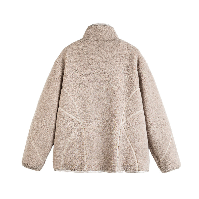 Unisex Teddy-Fleece-Bomber Jacket with Stand Collar and Geometric Seam Design EVA-US