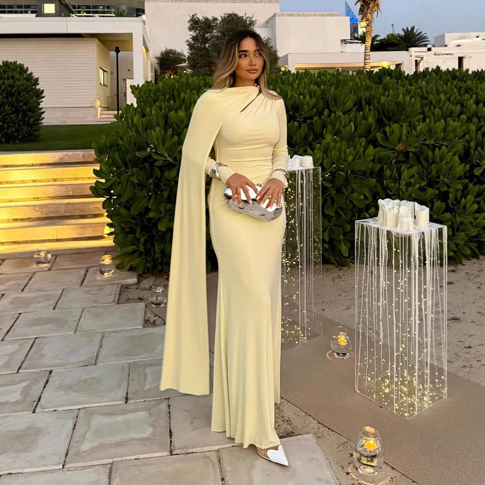 Women's Tailored Maxi Dress with Asymmetric Cape and High Collar EVA-US