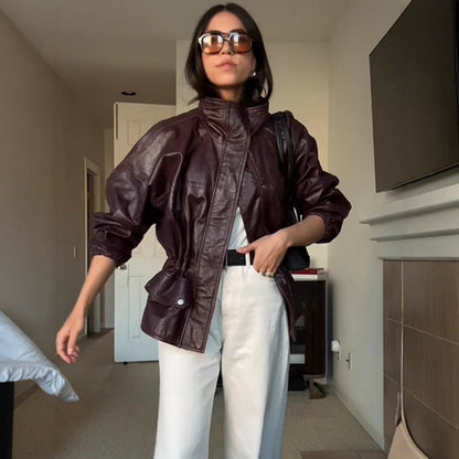 Women's Oversize Faux Leather Blouson with High Stand-Up Collar and Drawstring Waist