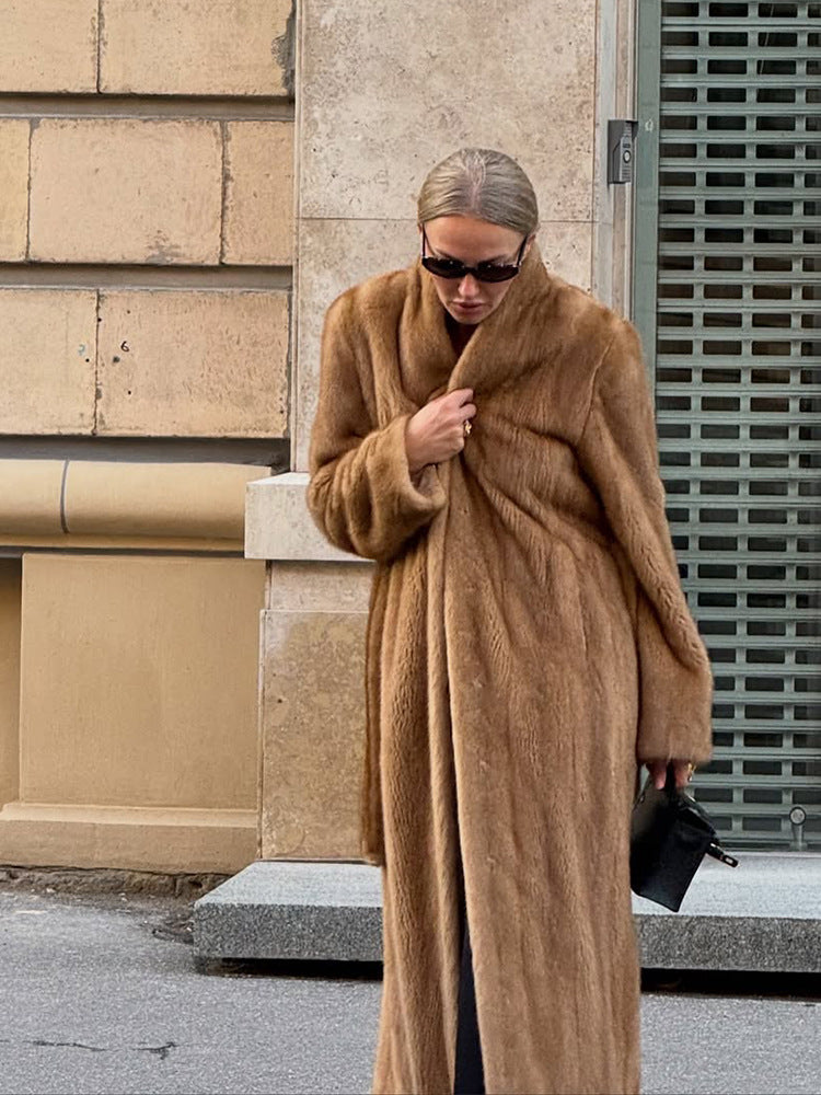 Women Luxurious Long Fur Coat with Shawl Collar and Flattering Oversize Cut EVA-US