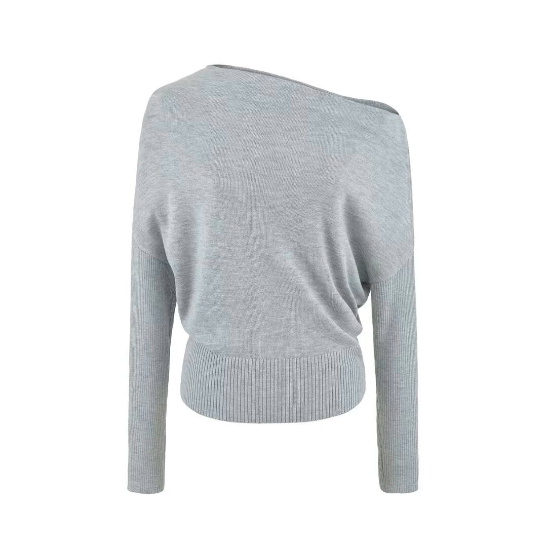 Women's Oversize One-Shoulder Pullover with Batwing Sleeves and Wide Ribbed Cuff EVA-US
