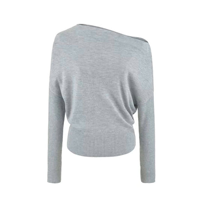 Women's Oversize One-Shoulder Pullover with Batwing Sleeves and Wide Ribbed Cuff EVA-US