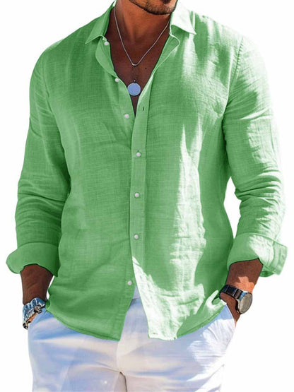 Men's textured linen shirt with open collar, lightweight texture, and casual-tailored fit EVA-US