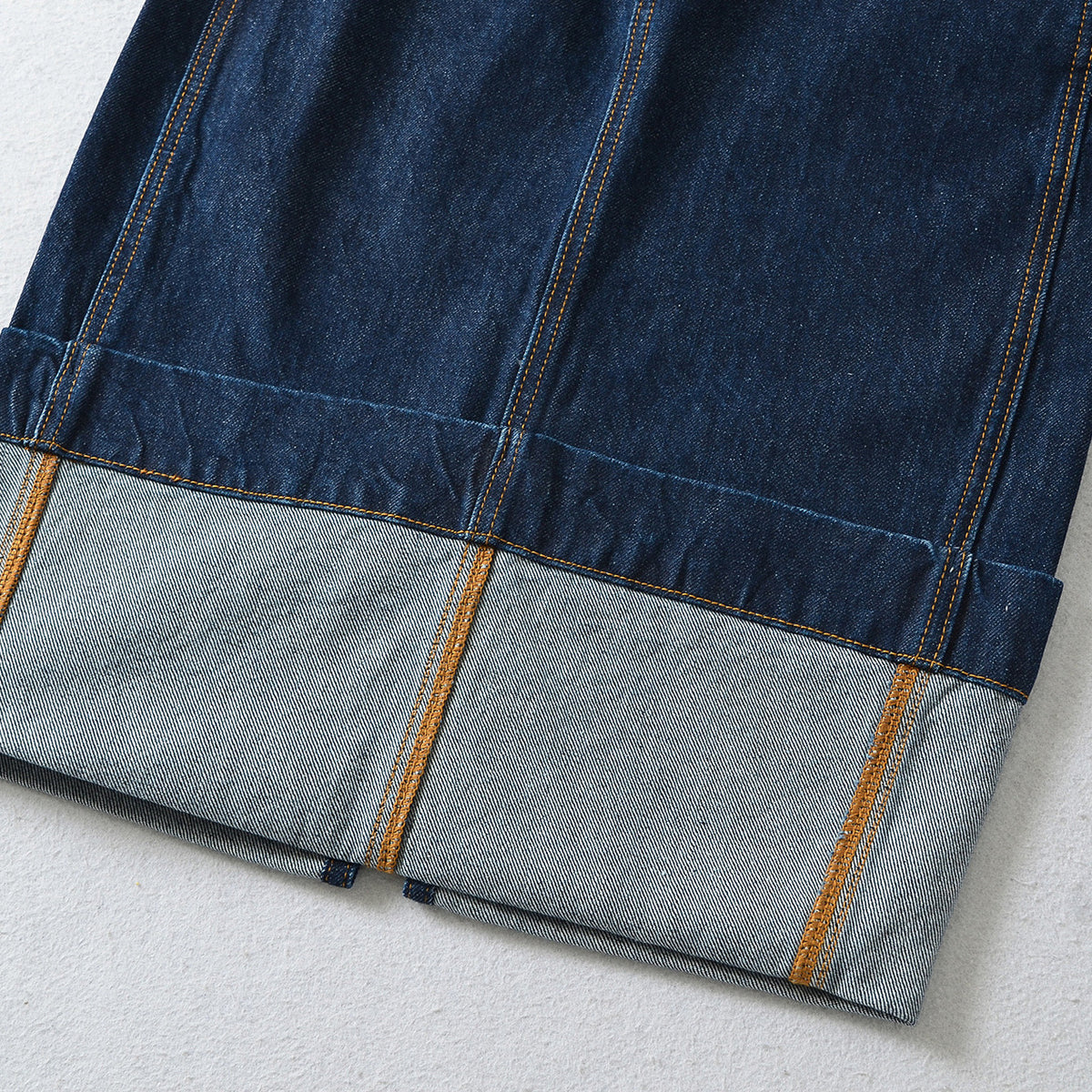 Women's High-Waisted Midi Skirt Made of Denim with Visible Seams and Turned-Up Hem EVA-US