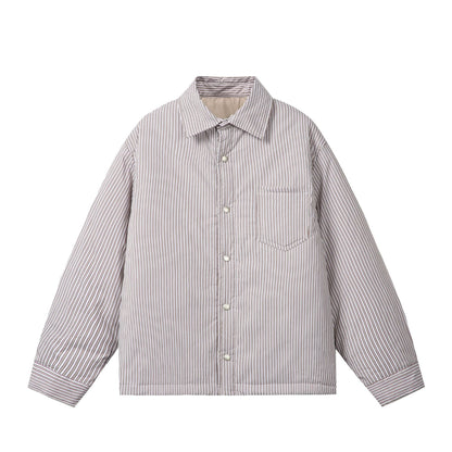Unisex Striped Boxy Shirt Jacket with Snap Button Placket and Chest Pocket EVA-US