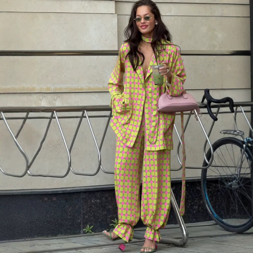 Women Two-Piece Silk Look Suit Set with Oversized Blazer, Wide Pleated Trousers & Matching Tube Scarf EVA-US