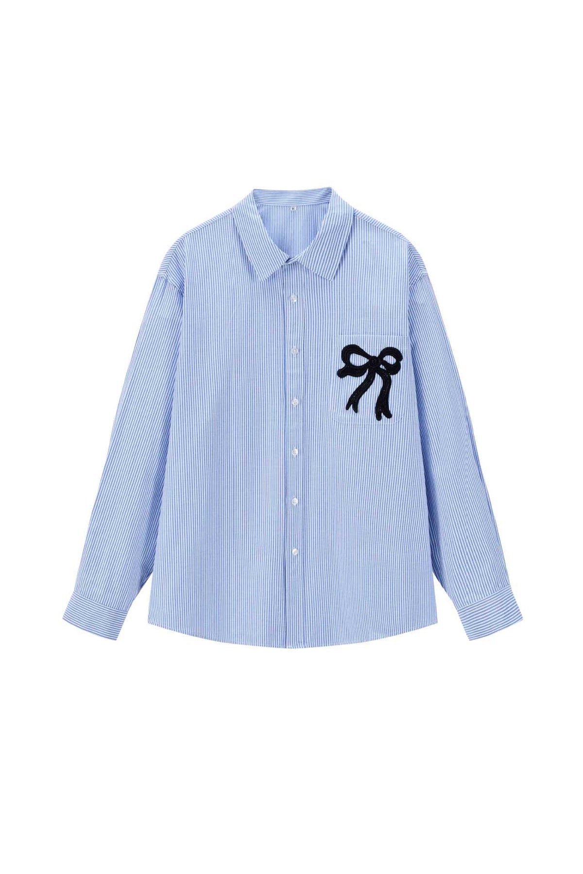 Women's oversized shirt blouse with fine pinstripe and embroidered bow chest pocket EVA-US