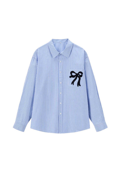 Women's oversized shirt blouse with fine pinstripe and embroidered bow chest pocket EVA-US
