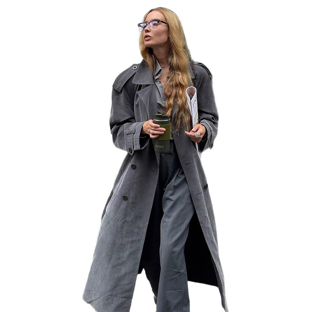 Women's Maxi Long Oversized Trench Coat made of soft velour with shoulder patches and double-breasted button placket EVA-US