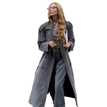 Women's Maxi Long Oversized Trench Coat made of soft velour with shoulder patches and double-breasted button placket EVA-US