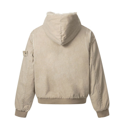 Men's Vintage-Inspired Denim Bomber Jacket with Teddy Fur Hood EVA-US