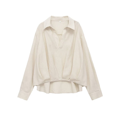 Women's Oversized Linen Blouse with Open V-Neck and Gathered Hem EVA-US