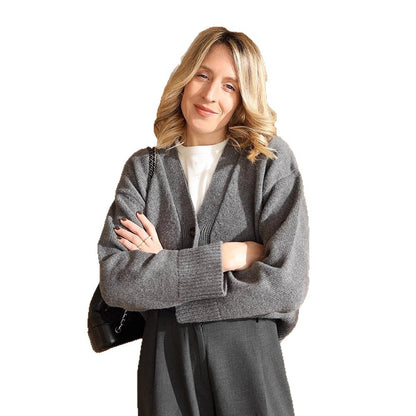 Ladies Boxy Cardigan with V-Neck, Pockets and Horn Buttons EVA-US